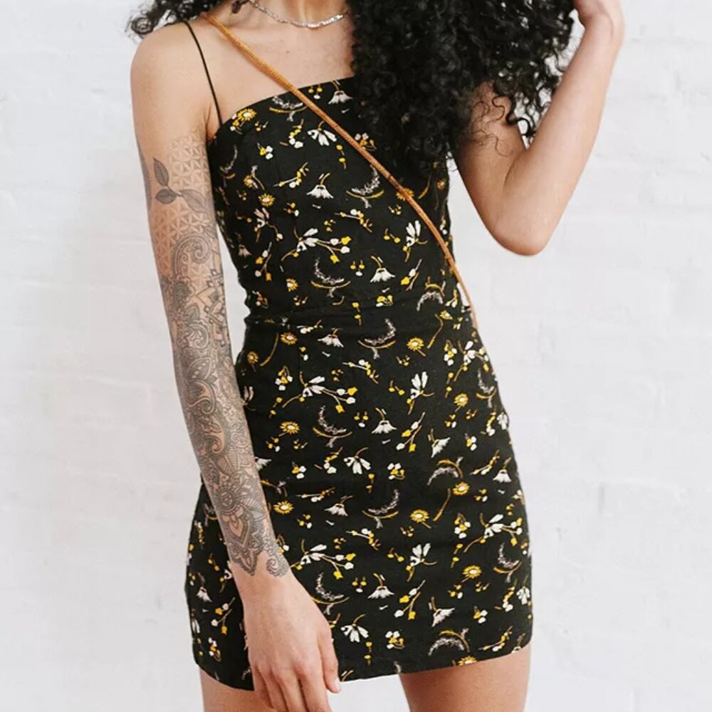 Urban Outfitters Colette Black Floral Stretch Linen Mini Dress
